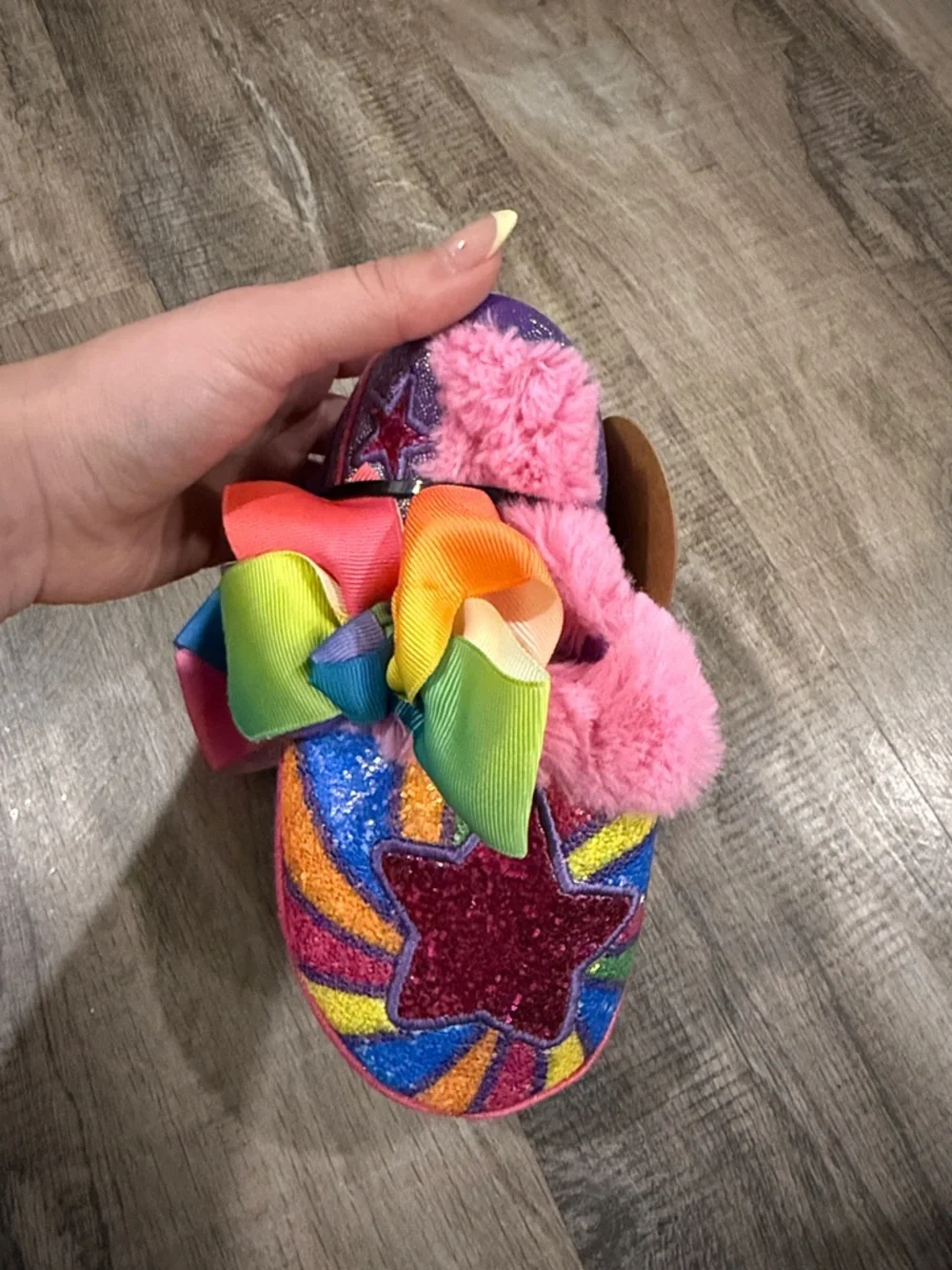 Lightly worn Kids Rainbow Glitter Slippers with Pom & Bowsize 9-10